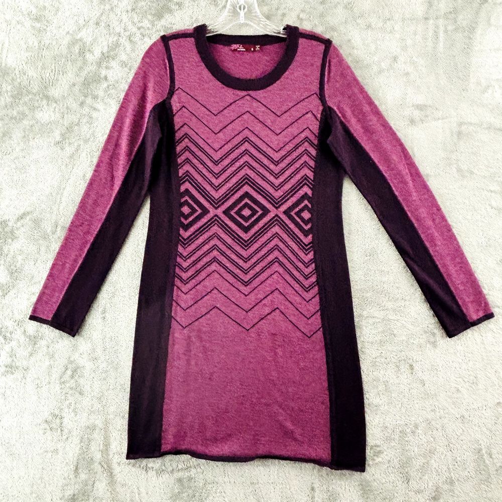 Prana Delia Sweater Dress Womens S Sangria Wool Blend Diamond Pattern Crew Neck‎